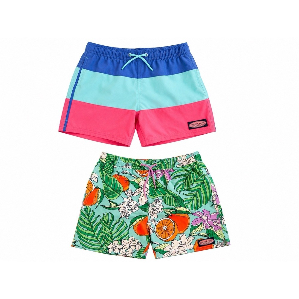 Lot of 2 Vineyard Vines Boys' Chappy Swim Trunks M L Blue Pink Tropical